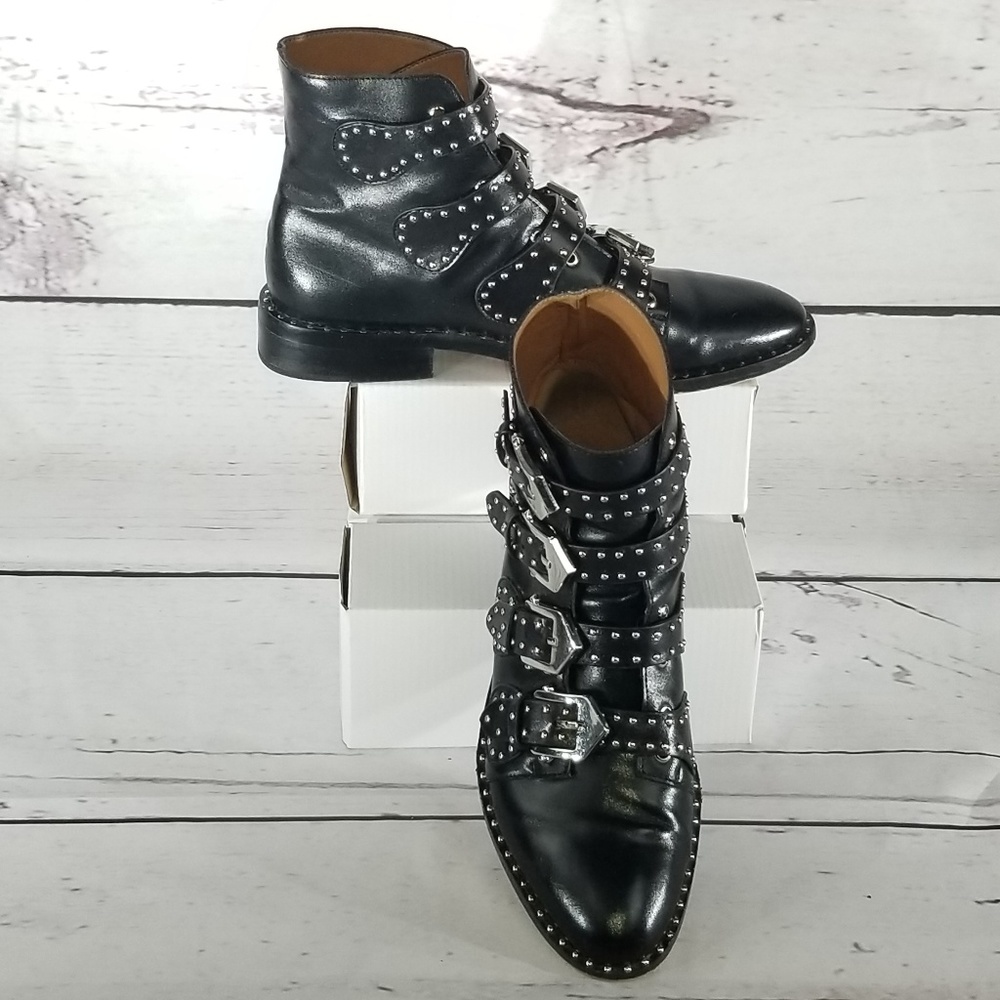 Black Studded Buckled Ankle Biker Boot